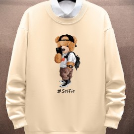 Men's Casual Round Neck Pullover Sweatshirt with Cartoon Bear Selfie Print