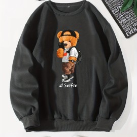 Men's Casual Round Neck Pullover Sweatshirt with Cartoon Bear Selfie Print