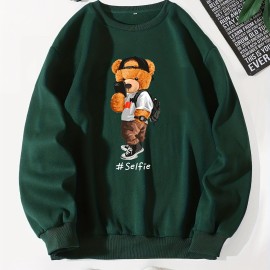 Men's Casual Round Neck Pullover Sweatshirt with Cartoon Bear Selfie Print