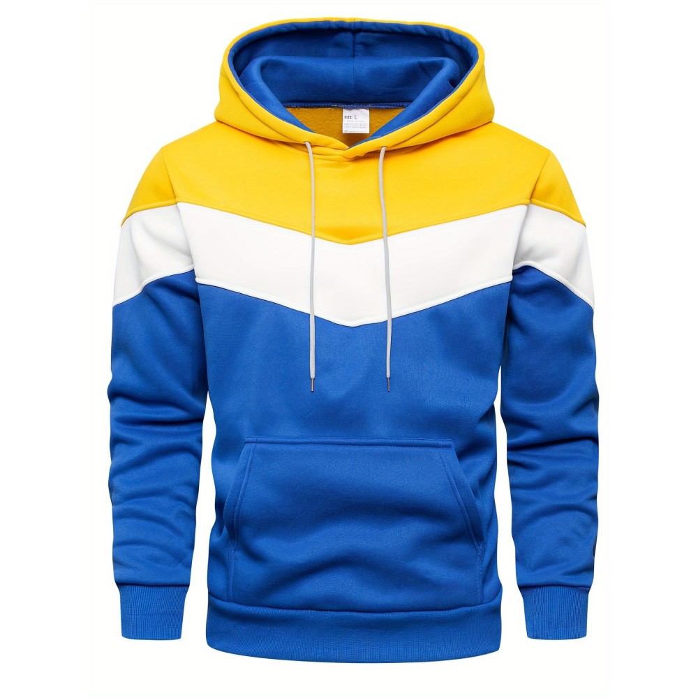 Kangaroo Pocket Drawstring Hoodie, Men's Casual Patchwork Color Block Slightly Stretch Hooded Sweatshirt For Spring Fall