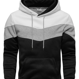 Kangaroo Pocket Drawstring Hoodie, Men's Casual Patchwork Color Block Slightly Stretch Hooded Sweatshirt For Spring Fall