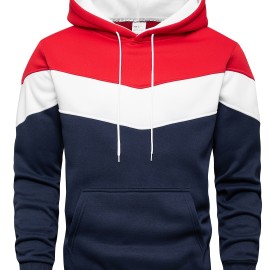 Kangaroo Pocket Drawstring Hoodie, Men's Casual Patchwork Color Block Slightly Stretch Hooded Sweatshirt For Spring Fall