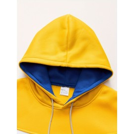 Kangaroo Pocket Drawstring Hoodie, Men's Casual Patchwork Color Block Slightly Stretch Hooded Sweatshirt For Spring Fall