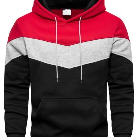 Kangaroo Pocket Drawstring Hoodie, Men's Casual Patchwork Color Block Slightly Stretch Hooded Sweatshirt For Spring Fall