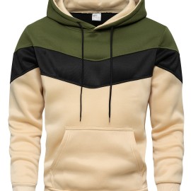 Kangaroo Pocket Drawstring Hoodie, Men's Casual Patchwork Color Block Slightly Stretch Hooded Sweatshirt For Spring Fall