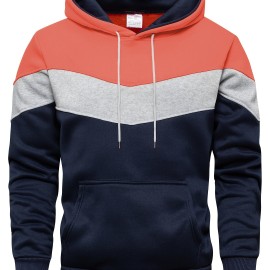 Kangaroo Pocket Drawstring Hoodie, Men's Casual Patchwork Color Block Slightly Stretch Hooded Sweatshirt For Spring Fall