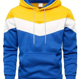 Kangaroo Pocket Drawstring Hoodie, Men's Casual Patchwork Color Block Slightly Stretch Hooded Sweatshirt For Spring Fall