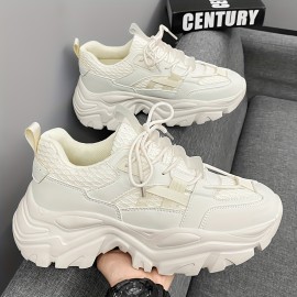 Men's Trendy Solid Colour Chunky Shoes, Comfy Non Slip Soft Sole Durable Lace Up Sneakers For Men's Outdoor Activities