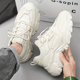 Men's Trendy Solid Colour Chunky Shoes, Comfy Non Slip Soft Sole Durable Lace Up Sneakers For Men's Outdoor Activities