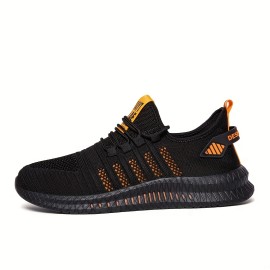 Men's Trendy Breathable Knit Striped Walking Shoes, Casual Outdoor Comfortable Lace-up Sneakers