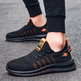 Men's Trendy Breathable Knit Striped Walking Shoes, Casual Outdoor Comfortable Lace-up Sneakers