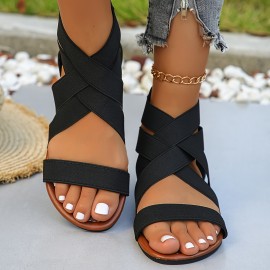 Women's Flat Sandals, Casual Elastic Band Summer Shoes, Lightweight Back Zipper Sandals