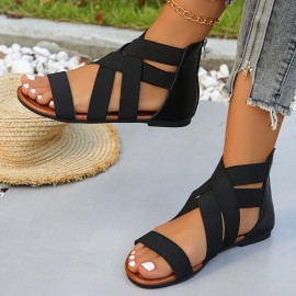 Women's Flat Sandals, Casual Elastic Band Summer Shoes, Lightweight Back Zipper Sandals