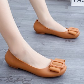 Women's Buckle Decor Flat Shoes, Solid Color PVC Slip On Shoes, Casual All-Match Daily Flats