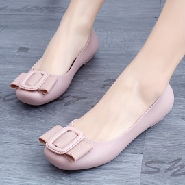 Women's Buckle Decor Flat Shoes, Solid Color PVC Slip On Shoes, Casual All-Match Daily Flats