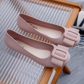 Women's Buckle Decor Flat Shoes, Solid Color PVC Slip On Shoes, Casual All-Match Daily Flats