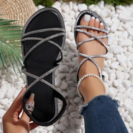 Women's Rhinestone Band Flat Sandals, Fashion Open Toe Crisscross Summer Shoes, Casual Elastic Band Slip On Beach Sandals