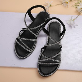 Women's Rhinestone Band Flat Sandals, Fashion Open Toe Crisscross Summer Shoes, Casual Elastic Band Slip On Beach Sandals