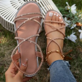 Women's Rhinestone Band Flat Sandals, Fashion Open Toe Crisscross Summer Shoes, Casual Elastic Band Slip On Beach Sandals