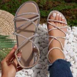 Women's Rhinestone Band Flat Sandals, Fashion Open Toe Crisscross Summer Shoes, Casual Elastic Band Slip On Beach Sandals