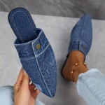 Women's Denim Flat Mules, Fashion Pointed Toe Slip On Non Slip Shoes, Casual Outdoor Slides