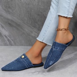 Women's Denim Flat Mules, Fashion Pointed Toe Slip On Non Slip Shoes, Casual Outdoor Slides