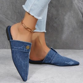 Women's Denim Flat Mules, Fashion Pointed Toe Slip On Non Slip Shoes, Casual Outdoor Slides