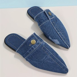 Women's Denim Flat Mules, Fashion Pointed Toe Slip On Non Slip Shoes, Casual Outdoor Slides