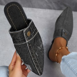 Women's Denim Flat Mules, Fashion Pointed Toe Slip On Non Slip Shoes, Casual Outdoor Slides