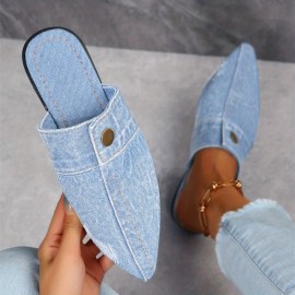 Women's Denim Flat Mules, Fashion Pointed Toe Slip On Non Slip Shoes, Casual Outdoor Slides