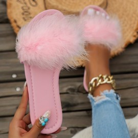 Women's Fluffy Feather Slides, Solid Color Open Toe Single Band Flats, Casual Daily Slide Sandals