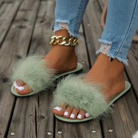 Women's Fluffy Feather Slides, Solid Color Open Toe Single Band Flats, Casual Daily Slide Sandals