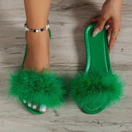 Women's Fluffy Feather Slides, Solid Color Open Toe Single Band Flats, Casual Daily Slide Sandals