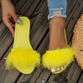 Women's Fluffy Feather Slides, Solid Color Open Toe Single Band Flats, Casual Daily Slide Sandals