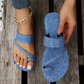 Women's Denim Color Flat Slides, Toe Loop Slip On Slide Sandals, Casual Non Slip Slide Shoes