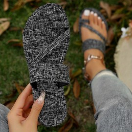 Women's Denim Color Flat Slides, Toe Loop Slip On Slide Sandals, Casual Non Slip Slide Shoes