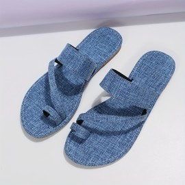 Women's Denim Color Flat Slides, Toe Loop Slip On Slide Sandals, Casual Non Slip Slide Shoes