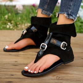 Women's Flat Thong Sandals, Casual Buckle Strap Summer Sandals, Lightweight Back Zipper Sandals