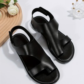 Women's Toe Loop Flat Sandals, Casual Hook & Loop Summer Beach Shoes, Lightweight Open Toe Sandals