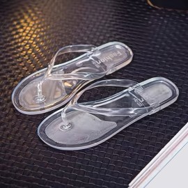 Women's Solid Color Flip Flops, Casual Clip Toe Flat Summer Shoes, Lightweight & Transparent Beach Shoes