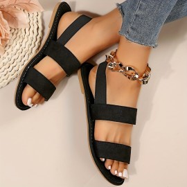 Women's Elastic Ankle Strap Flat Sandals, Solid Color Open Toe Slip On Slingback Shoes, Casual Lightweight Beach Shoes