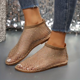 Women's Rhinestone Mesh Flat Sandals, Fashion Hollow Out Slip On Summer Shoes, Casual Outdoor Beach Sandals