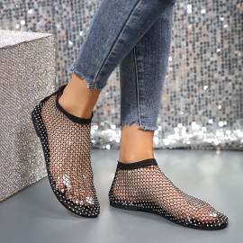 Women's Rhinestone Mesh Flat Sandals, Fashion Hollow Out Slip On Summer Shoes, Casual Outdoor Beach Sandals