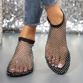 Women's Rhinestone Mesh Flat Sandals, Fashion Hollow Out Slip On Summer Shoes, Casual Outdoor Beach Sandals