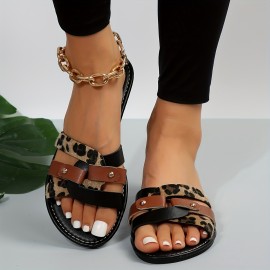 Women's Leopard Print Slide Sandals, Casual Cross Strap Flat Summer Shoes, Lightweight Slide Sandals