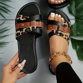 Women's Leopard Print Slide Sandals, Casual Cross Strap Flat Summer Shoes, Lightweight Slide Sandals