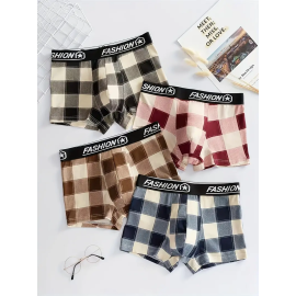 3pcs Men's Casual Plaid Boxer Briefs Shorts, Sexy Breathable Comfy Stretchy Boxer Trunks, Men's Underwear