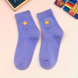 5 Pairs Cartoon Print Socks, Funny & Breathable Mid Tube Socks, Women's Stockings & Hosiery