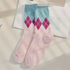 3 Pairs Colorblock Argyle Socks, Comfy & Breathable Mid Tube Socks, Women's Stockings & Hosiery