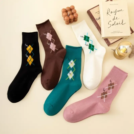 5 Pairs Argyle Pattern Socks, Retro & Warm Mid Tube Socks, Women's Stockings & Hosiery